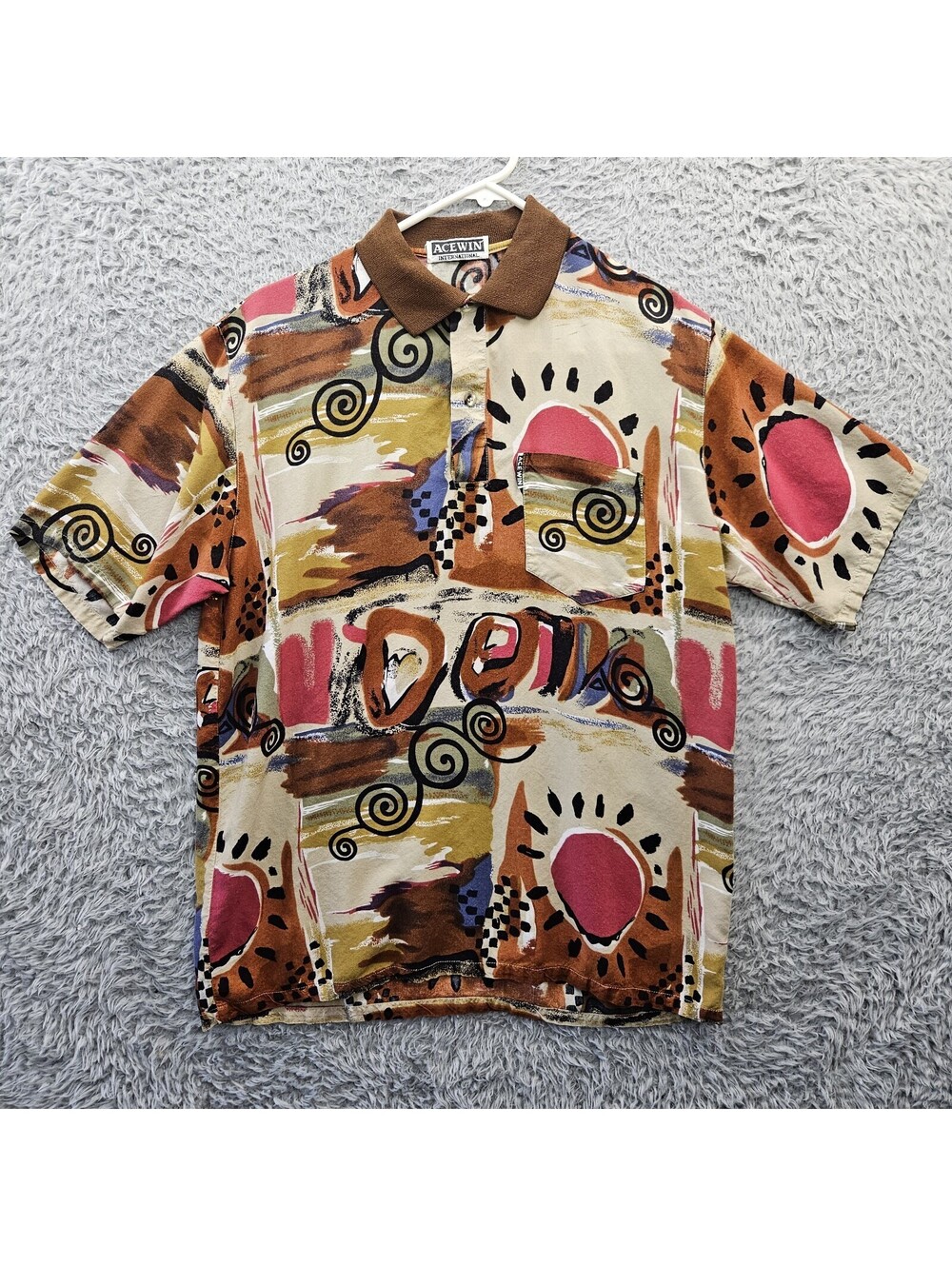 Vintage 70s ACEWIN Polo Shirt Rayon Men Large Art Abstract All Over Print - Picture 1 of 11